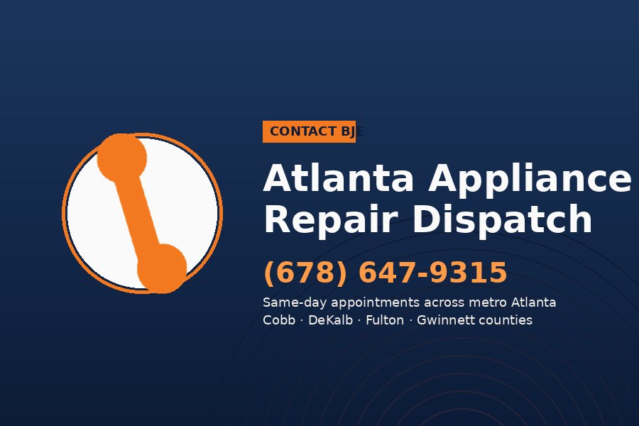 BJE Appliance Repair Atlanta contact card showing phone number 678 647 9315 and service area