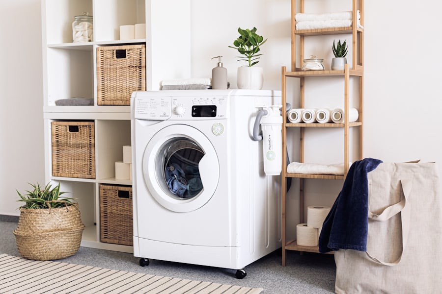 Front-load washer in an Atlanta laundry room being diagnosed for no spin